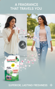 Woman promoting liquid detergent outdoors.