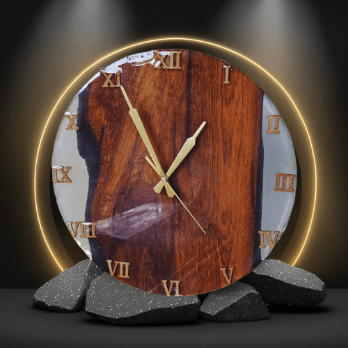 RangDe Arts Dual-Tone Luxury Resin Clock — Gold and Blue Geode Art India